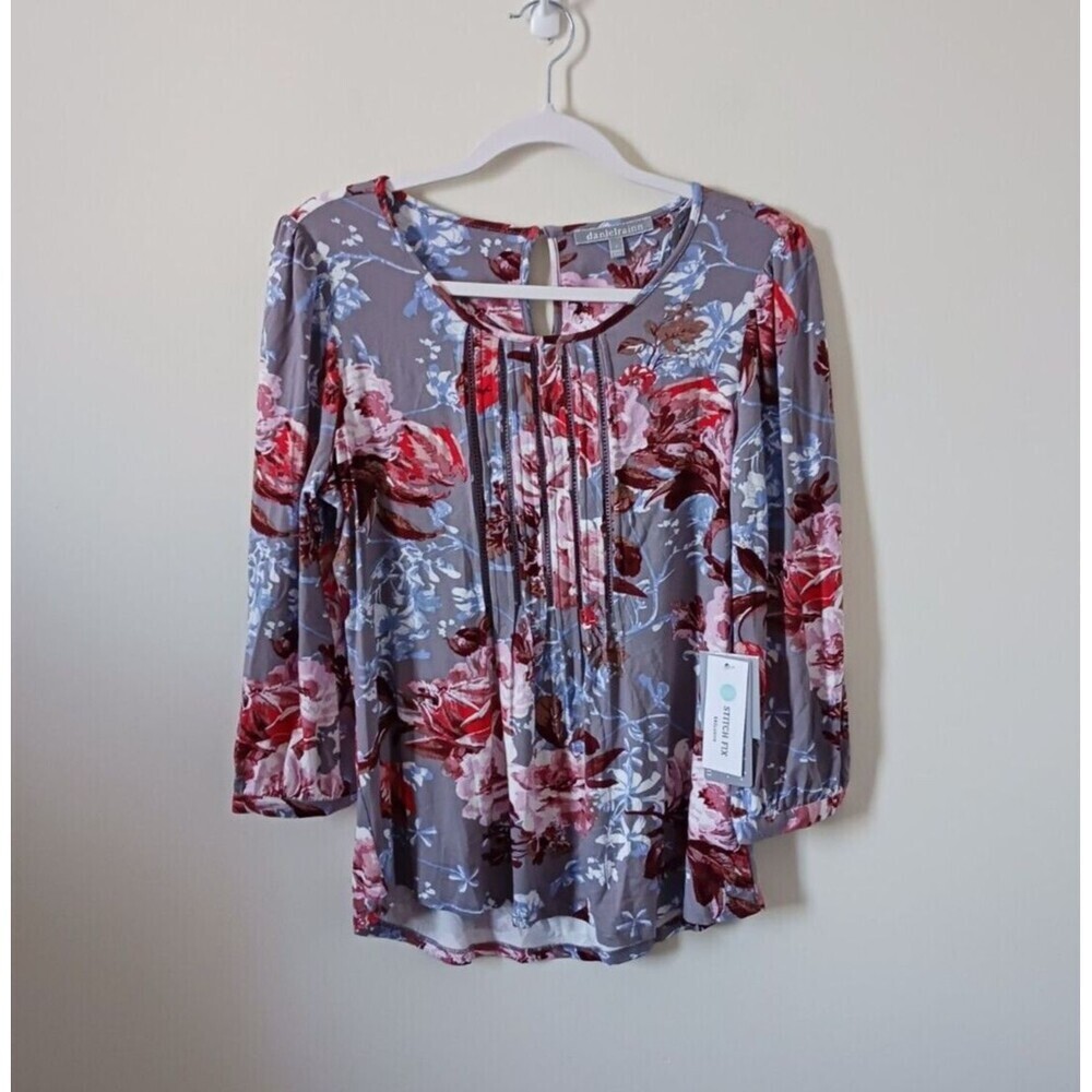 Daniel Rainn Womens Floral Pleated Blouse Gray Red Ptint Top Size S